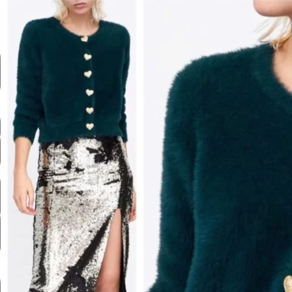 Zara Green Vegan Fur Cardigan Heart Jewel Buttons - Picture 8 of 8